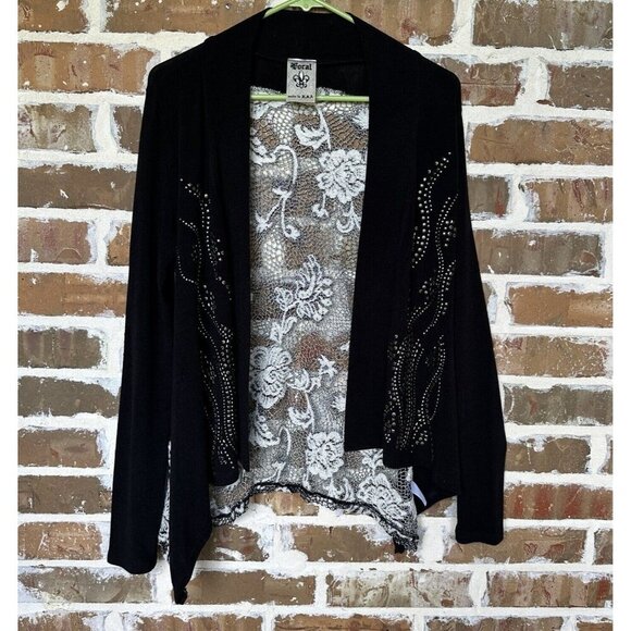 Vocal Cardigan Women's‎ M Black Embroidered Lace Embellished Open Front New - Picture 1 of 9